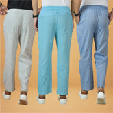 Combo of 3 Men Solid Cotton Handloom Pant Denim Sky Blue and White