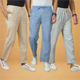 Combo of 3 Men Solid Cotton Handloom Pant Denim White and Beige