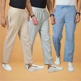 Combo of 3 Men Solid Cotton Handloom Pant Denim White and Cream