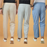Combo of 3 Men Solid Cotton Handloom Pant Denim White and Cream