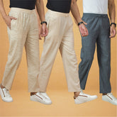 Combo of 3 Men Solid Cotton Handloom Pant Gray Cream and Beige