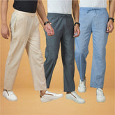Combo of 3 Men Solid Cotton Handloom Pant Gray Denim and Cream