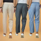 Combo of 3 Men Solid Cotton Handloom Pant Gray Denim and Cream