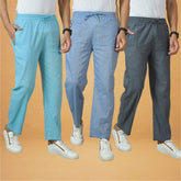 Combo of 3 Men Solid Cotton Handloom Pant Gray Denim and Sky Blue