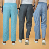 Combo of 3 Men Solid Cotton Handloom Pant Gray Denim and Sky Blue