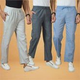 Combo of 3 Men Solid Cotton Handloom Pant Gray Denim and White
