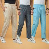 Combo of 3 Men Solid Cotton Handloom Pant Gray Sky Blue and Beige