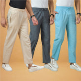 Combo of 3 Men Solid Cotton Handloom Pant Gray Sky Blue and Cream