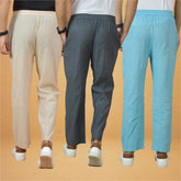 Combo of 3 Men Solid Cotton Handloom Pant Gray Sky Blue and Cream