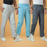 Combo of 3 Men Solid Cotton Handloom Pant Gray Sky Blue and White