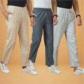 Combo of 3 Men Solid Cotton Handloom Pant Gray White and Beige