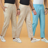 Combo of 3 Men Solid Cotton Handloom Pant Sky Blue Cream and Beige