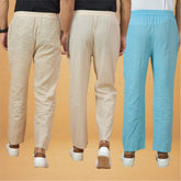 Combo of 3 Men Solid Cotton Handloom Pant Sky Blue Cream and Beige
