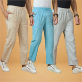 Combo of 3 Men Solid Cotton Handloom Pant Sky Blue White and Beige
