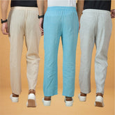 Combo of 3 Men Solid Cotton Handloom Pant Sky Blue White and Beige