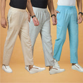 Combo of 3 Men Solid Cotton Handloom Pant Sky Blue White and Cream