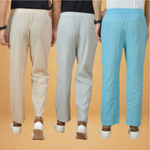 Combo of 3 Men Solid Cotton Handloom Pant Sky Blue White and Cream