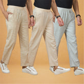 Combo of 3 Men Solid Cotton Handloom Pant White Cream and Beige
