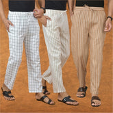 COMBO OF 3 MEN STRIPE COTTON HANDLOOM PANT BEIGE BEIGE AND WHITE-
