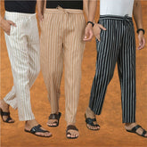COMBO OF 3 MEN STRIPE COTTON HANDLOOM PANT BEIGE BLACK AND BEIGE