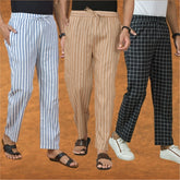 COMBO OF 3 MEN STRIPE COTTON HANDLOOM PANT BEIGE BLACK AND BLUE