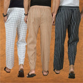 COMBO OF 3 MEN STRIPE COTTON HANDLOOM PANT BEIGE BLACK AND WHITE