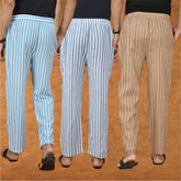 COMBO OF 3 MEN STRIPE COTTON HANDLOOM PANT BEIGE BLUE AND SKY BLUE