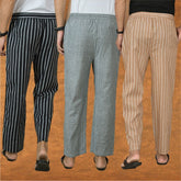 COMBO OF 3 MEN STRIPE COTTON HANDLOOM PANT BEIGE GRAY AND BLACK