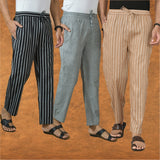 COMBO OF 3 MEN STRIPE COTTON HANDLOOM PANT BEIGE GRAY AND BLACK