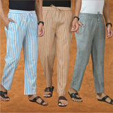 COMBO OF 3 MEN STRIPE COTTON HANDLOOM PANT BEIGE GRAY AND SKY BLUE