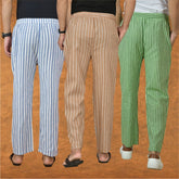 COMBO OF 3 MEN STRIPE COTTON HANDLOOM PANT BEIGE OLIVE GREEN AND BLUE