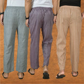 COMBO OF 3 MEN STRIPE COTTON HANDLOOM PANT BEIGE PURPLE AND GRAY