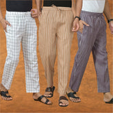 COMBO OF 3 MEN STRIPE COTTON HANDLOOM PANT BEIGE PURPLE AND WHITE