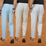 COMBO OF 3 MEN STRIPE COTTON HANDLOOM PANT BEIGE WHITE AND SKY BLUE