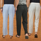 COMBO OF 3 MEN STRIPE COTTON HANDLOOM PANT BLACK BEIGE AND BLUE