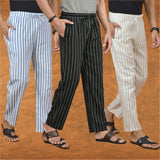 COMBO OF 3 MEN STRIPE COTTON HANDLOOM PANT BLACK BEIGE AND BLUE
