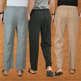 COMBO OF 3 MEN STRIPE COTTON HANDLOOM PANT BLACK BEIGE AND GRAY