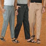 COMBO OF 3 MEN STRIPE COTTON HANDLOOM PANT BLACK BEIGE AND GRAY