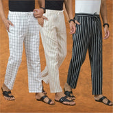 COMBO OF 3 MEN STRIPE COTTON HANDLOOM PANT BLACK BEIGE AND WHITE