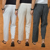 COMBO OF 3 MEN STRIPE COTTON HANDLOOM PANT BLACK BEIGE AND WHITE