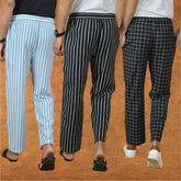 COMBO OF 3 MEN STRIPE COTTON HANDLOOM PANT BLACK BLACK AND SKY BLUE