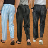 COMBO OF 3 MEN STRIPE COTTON HANDLOOM PANT BLACK BLACK AND SKY BLUE