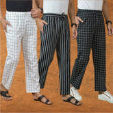 COMBO OF 3 MEN STRIPE COTTON HANDLOOM PANT BLACK BLACK AND WHITE