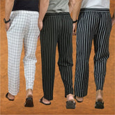COMBO OF 3 MEN STRIPE COTTON HANDLOOM PANT BLACK BLACK AND WHITE