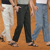 COMBO OF 3 MEN STRIPE COTTON HANDLOOM PANT BLACK BLUE AND BEIGE