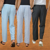 COMBO OF 3 MEN STRIPE COTTON HANDLOOM PANT BLACK BLUE AND SKY BLUE-