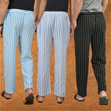 COMBO OF 3 MEN STRIPE COTTON HANDLOOM PANT BLACK BLUE AND SKY BLUE