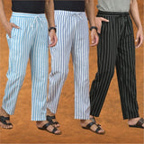 COMBO OF 3 MEN STRIPE COTTON HANDLOOM PANT BLACK BLUE AND SKY BLUE