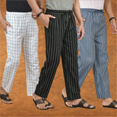 COMBO OF 3 MEN STRIPE COTTON HANDLOOM PANT BLACK BLUE AND WHITE