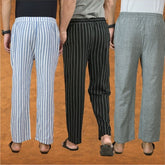 COMBO OF 3 MEN STRIPE COTTON HANDLOOM PANT BLACK GRAY AND BLUE